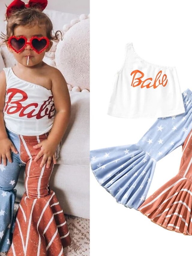 Baby & Kids Girls Clothing | Kids Girls Tank & Pants Clothing Set 2 Pieces Sleeveless White Stripe Letter Print Vacation Casual 