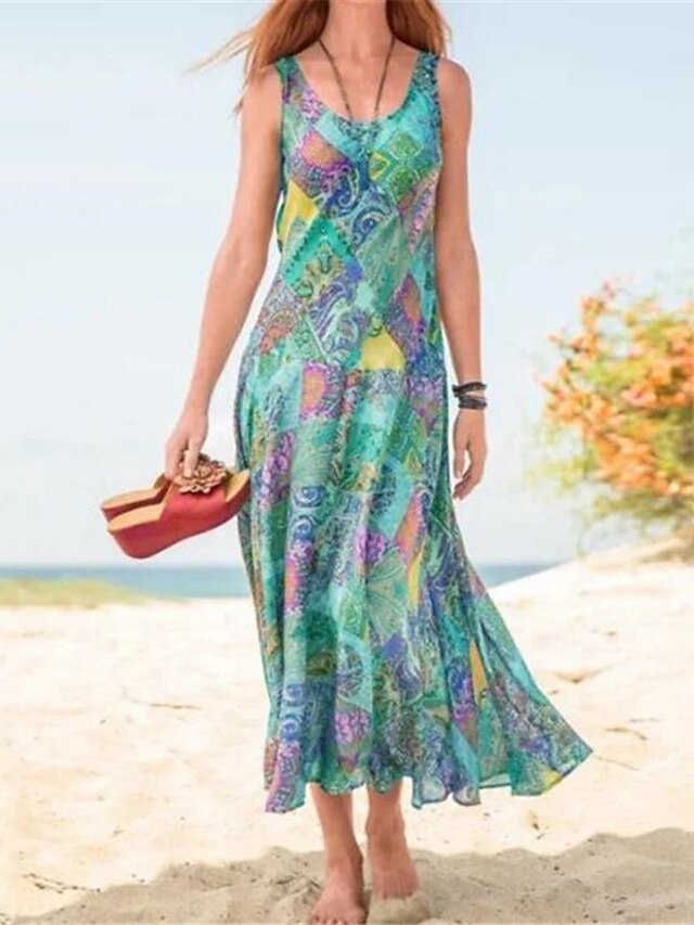 Womens Clothing Womens Dresses | Womens Shift Dress Maxi long Dress Green Blue Purple Red Sleeveless Floral Print Print Spring S