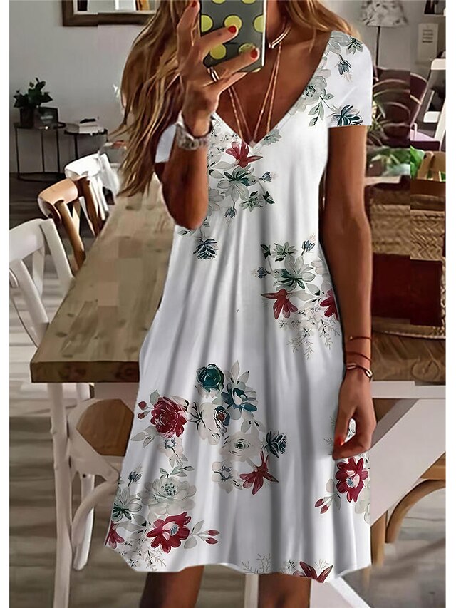 Womens Clothing Womens Dresses | Womens Shift Dress Short Mini Dress White Black Short Sleeve Floral Print Spring Summer V Neck 