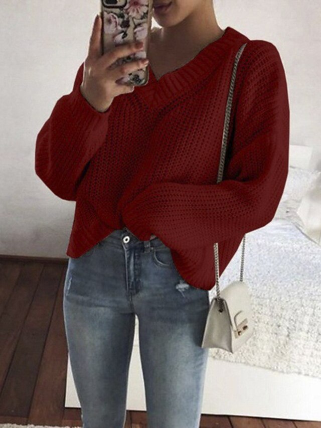 Womens Clothing Sweaters & Cardigans | Womens Pullover Sweater Jumper crochet waffle Knit Knitted Pure Color V Neck Stylish Casu