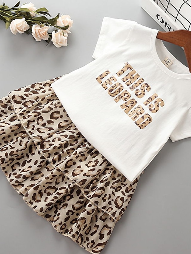 Baby & Kids Girls Clothing | Kids Girls T-shirt & Skirt Clothing Set 2 Pieces Short Sleeve White Pink Leopard Letter Print Stree