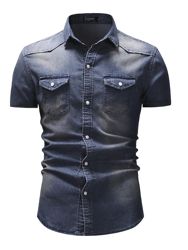  Men's Shirt Summer Shirt Button Up Shirt Jeans Shirt Cargo Shirt Denim Shirt Light Blue Navy Blue Light Grey Dark Grey Short Sleeve Plain Turndown Street Casual Denim Clothing Apparel Denim Retro