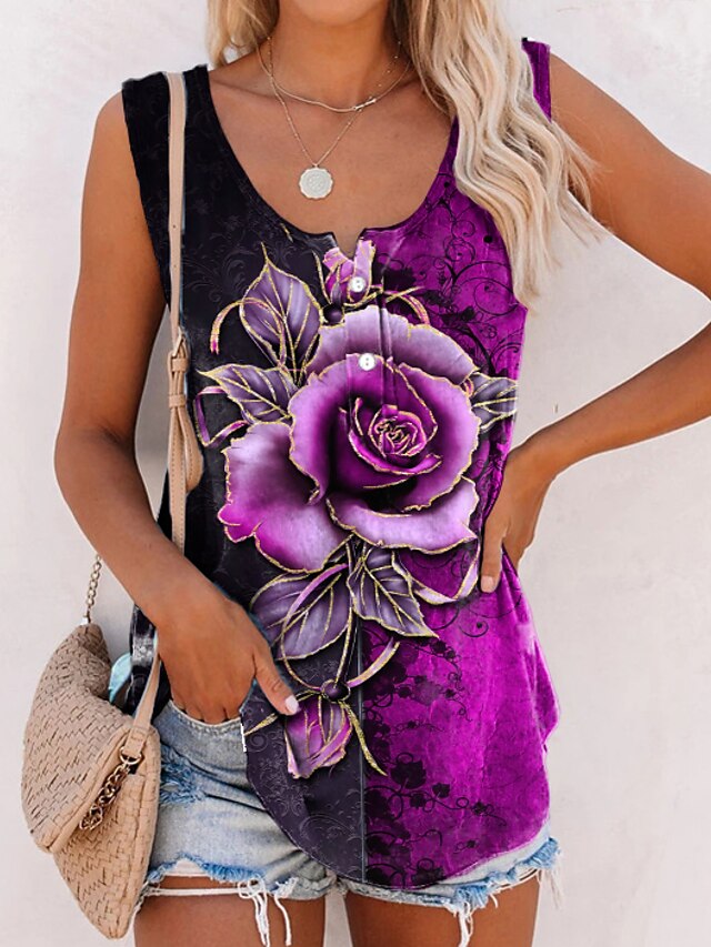  Women's Tank Top Camis Green Blue Purple Floral 3D Button Print Sleeveless Daily Holiday Streetwear Casual V Neck Regular Floral S / 3D Print