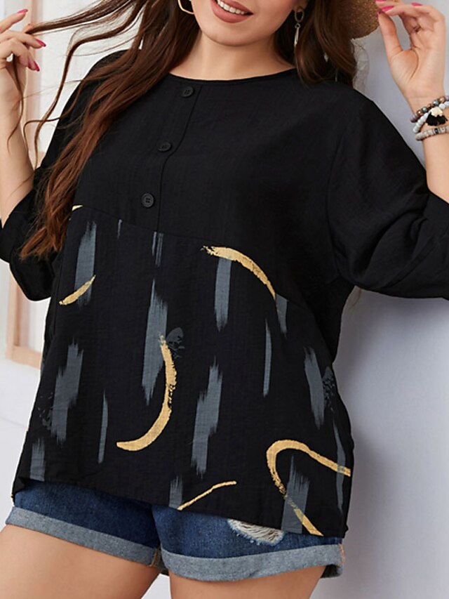 Womens Clothing Plus Size Collection | Womens Plus Size Tops Blouse Shirt Graphic Patterned Pocket Button Short Sleeve Crewneck 