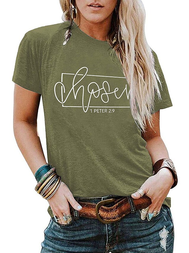 Womens Clothing Womens Tops | Womens Casual Weekend Painting T shirt Tee Text Short Sleeve Print Round Neck Basic Tops Green Whi