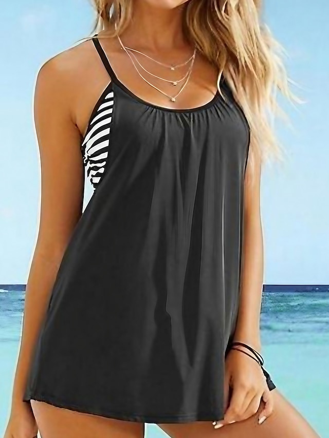 Womens Clothing Womens Swimwear | Womens Swimwear Tankini 2 Piece Plus Size Swimsuit Open Back Printing Striped Black Camisole S