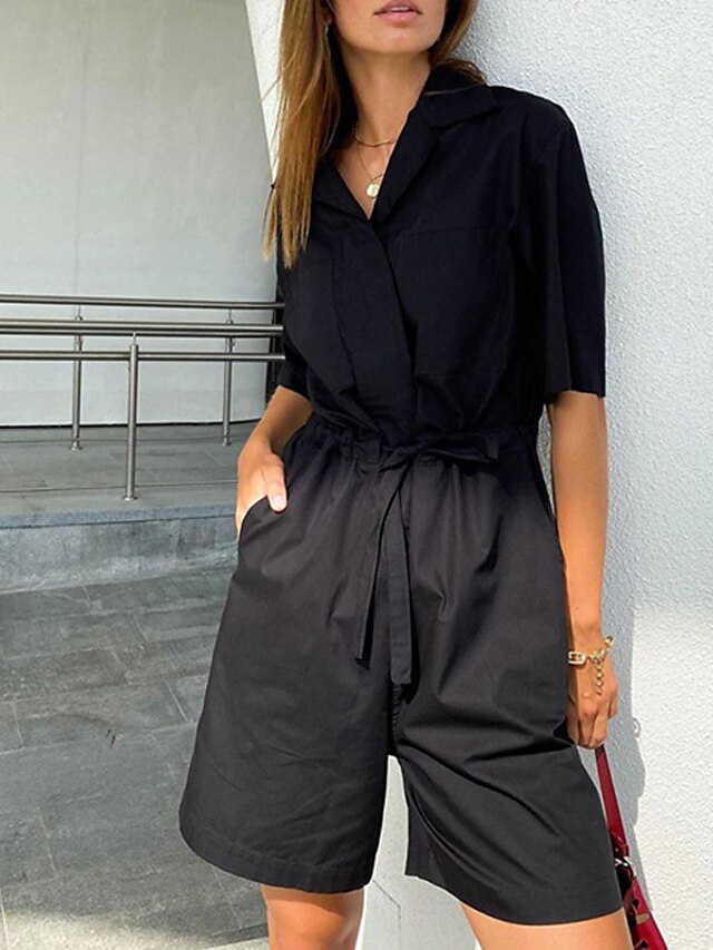 Womens Clothing Womens Jumpsuits & Rompers | Womens Romper Lace up Pocket Solid Color Shirt Collar Casual Street Daily Regular F