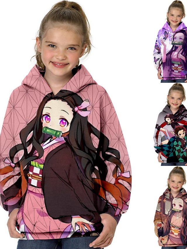 Baby & Kids Girls Clothing | Kids Girls Hoodie Demon Slayer Long Sleeve 3D Print Anime Pocket Green Purple Pink Children Tops Fa