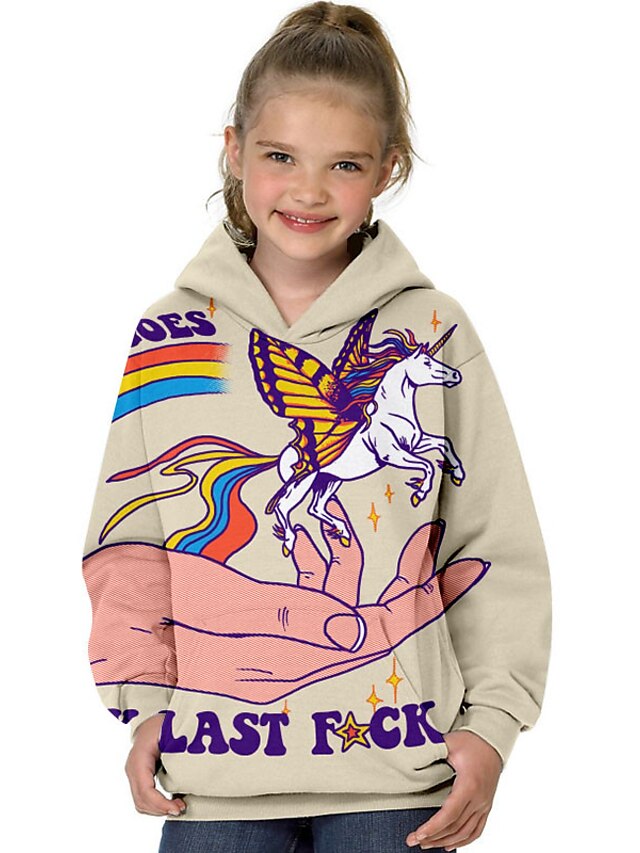 Baby & Kids Girls Clothing | Kids Girls Hoodie Long Sleeve 3D Print Rainbow Unicorn Animal Pocket Beige Children Tops Fall Sprin