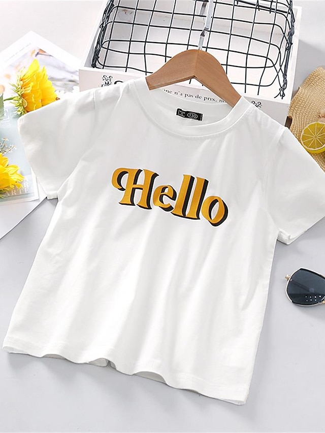 Baby & Kids Girls Clothing | Toddler Girls T-shirt & Skirt 2 Pieces Short Sleeve Yellow Letter Print Casual Cute Short 5-12 Year