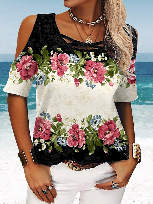 Womens Clothing Womens Tops | Womens Floral Casual Holiday Weekend Floral Painting T shirt Tee Short Sleeve Cut Out Print Round 