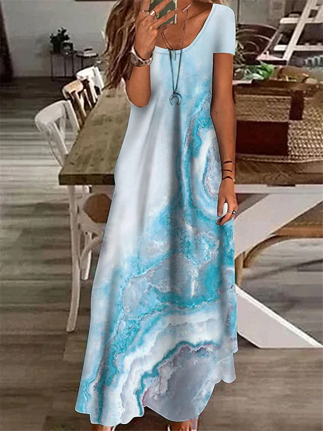 Women's Maxi Dress Casual Dress Shift Dress Elegant Vacation Casual Outdoor Vacation Daily Regular Fit Color Gradient Marble Short Sleeve V Neck Blue Light Blue Summer Spring4