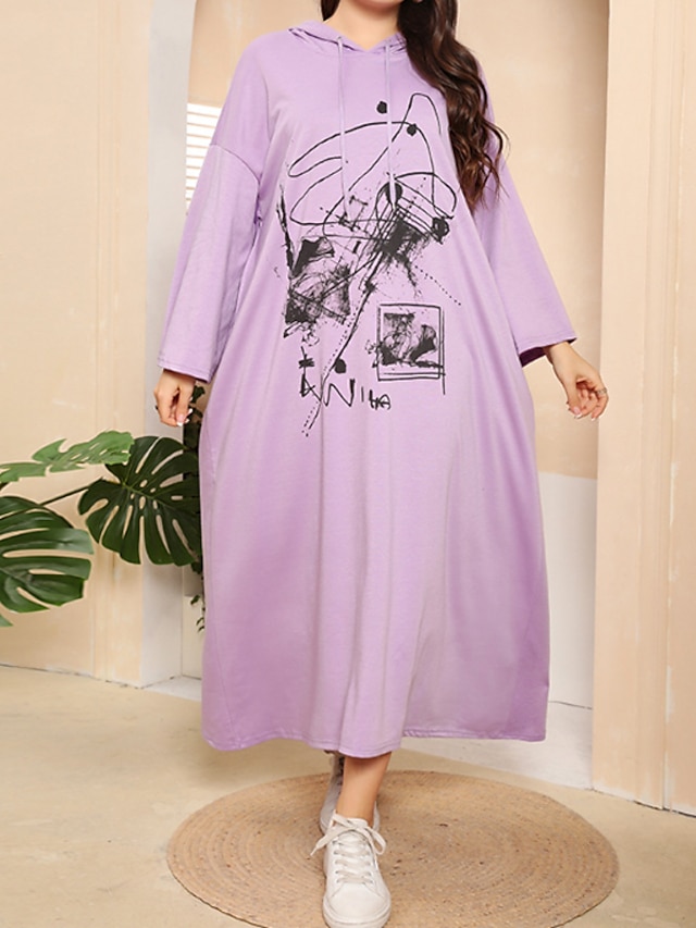 Womens Clothing Plus Size Collection | Womens Plus Size Shift Dress Geometric Hooded Print Long Sleeve Spring Summer Casual Maxi