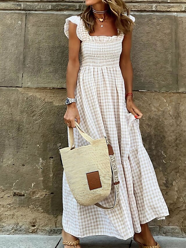 Womens Clothing Womens Dresses | Womens A Line Dress Maxi long Dress White Sleeveless Plaid Ruffle Print Spring Summer Square Ne