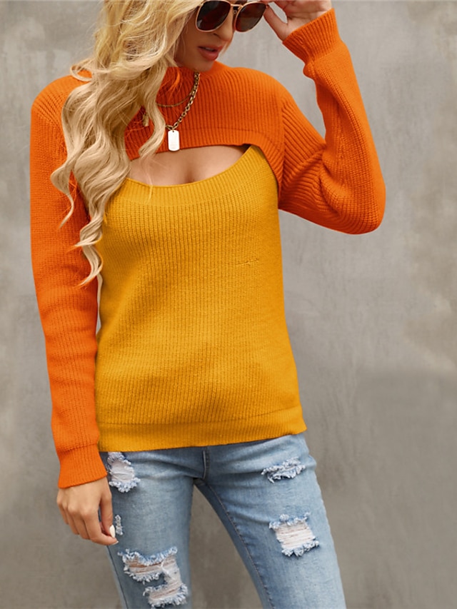 Womens Clothing Sweaters & Cardigans | Womens Pullover Sweater Jumper Knit Knitted Hole Color Block Crew Neck Stylish Sexy Daily