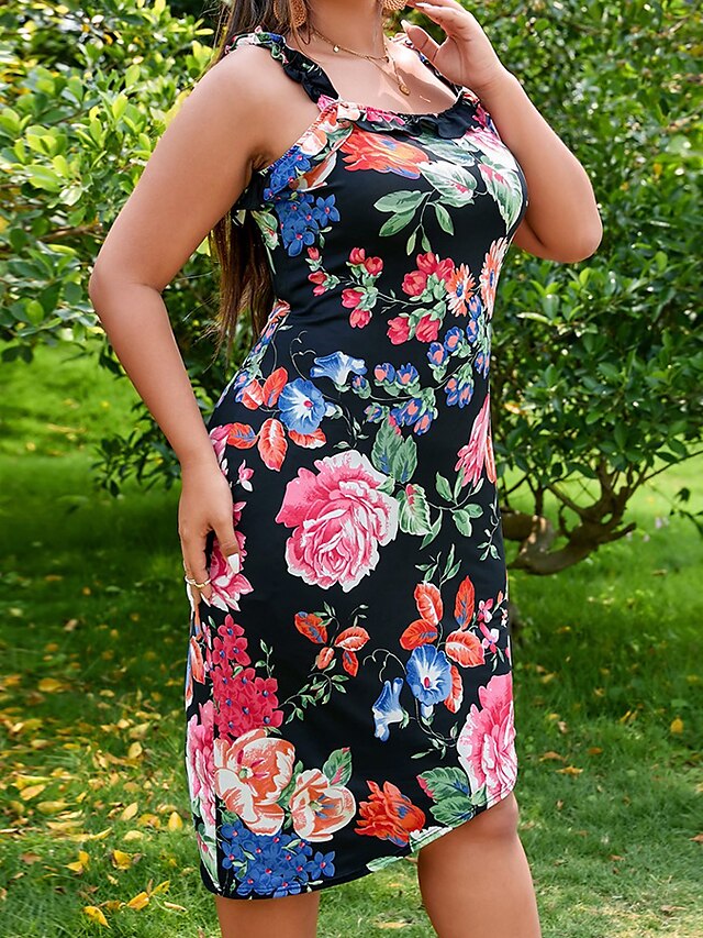 Womens Clothing Plus Size Collection | Womens Plus Size Black Dress Floral Off Shoulder Print Sleeveless Summer Casual Knee Leng