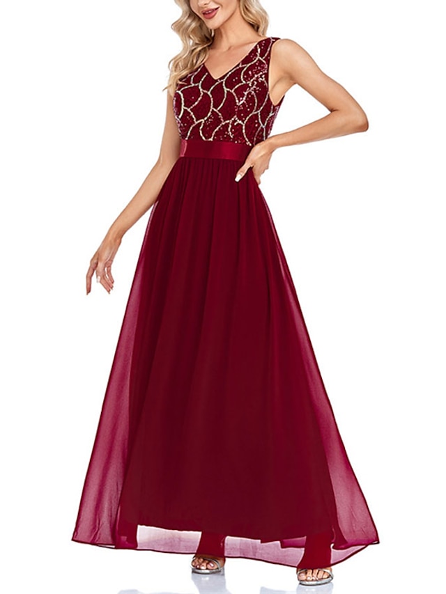 Womens Clothing Womens Dresses | Womens Party Dress Maxi long Dress Wine Sleeveless Solid Color Sequins Spring Summer V Neck Par