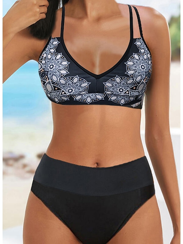 Womens Clothing Womens Swimwear | Womens Swimwear Bikini 2 Piece Normal Swimsuit High Waisted Floral Print Black Padded V Wire B