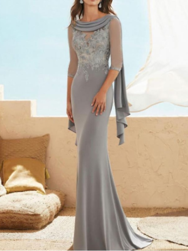  Sheath / Column Mother of the Bride Dress Plus Size Elegant Jewel Neck Floor Length Chiffon Lace Half Sleeve with Appliques Ruching 2022