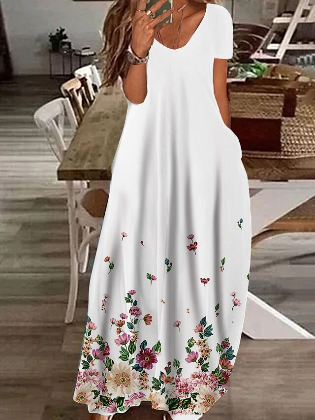 Womens Clothing Womens Dresses | Womens Shift Dress Maxi long Dress White Black Pink Short Sleeve Floral Print Spring Summer V N