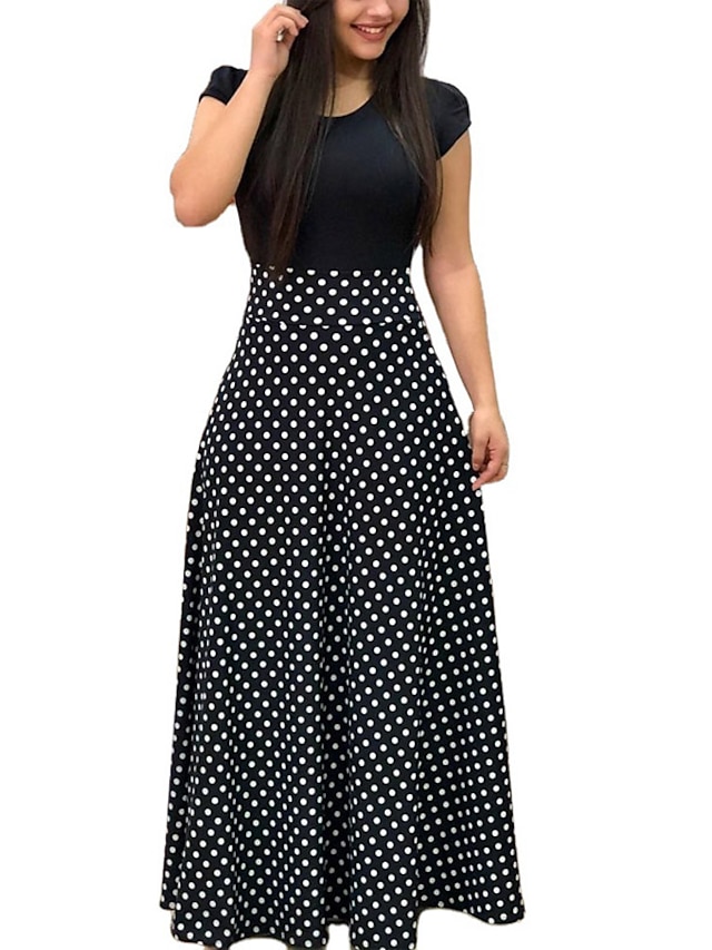 Womens Clothing Womens Dresses | Womens A Line Dress Maxi long Dress Black And White Green Pink Red Short Sleeve Floral Polka Do