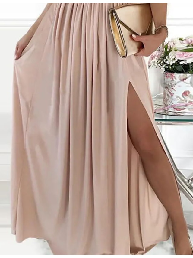 Womens Clothing Womens Dresses | Womens A Line Dress Maxi long Dress Pink Sleeveless Solid Color Split Ruched Spring Summer One 