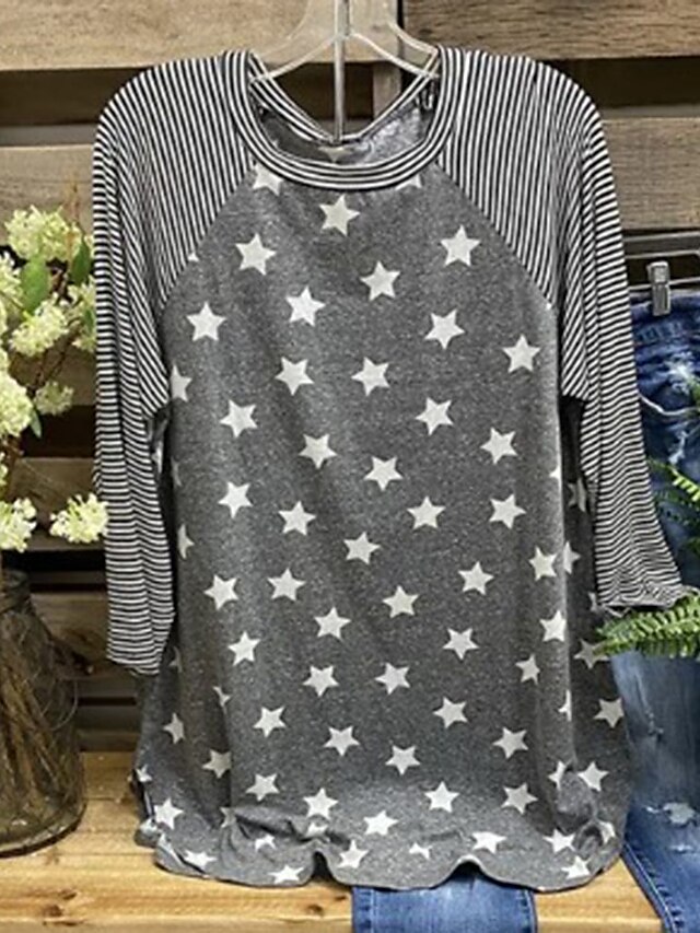 Womens Clothing Womens Tops | Womens Striped Star Casual Weekend Painting T shirt Tee Long Sleeve Print Round Neck Basic Essenti