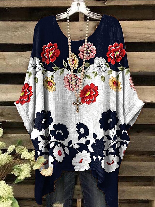 Womens Clothing Womens Tops | Womens Floral Holiday Beach Floral T shirt Tee Shirt 3/4 Length Sleeve Asymmetric Print Round Neck