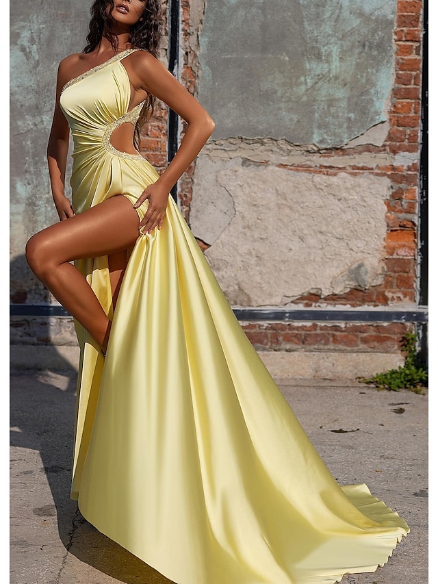  Mermaid / Trumpet Prom Dresses Cut Out Dress Engagement Formal Evening Court Train Sleeveless Strapless Satin with Crystals 2023