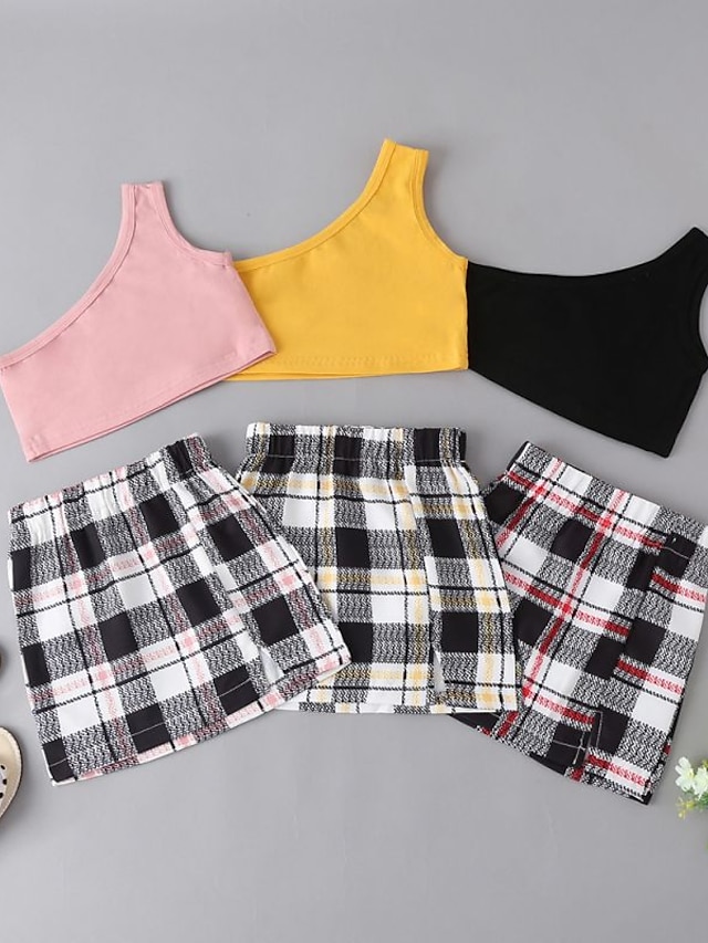 Baby & Kids Girls Clothing | Kids Girls Clothing Set 2 Pieces Sleeveless Black Pink Yellow Plaid Ruched Patchwork Street Outdoor