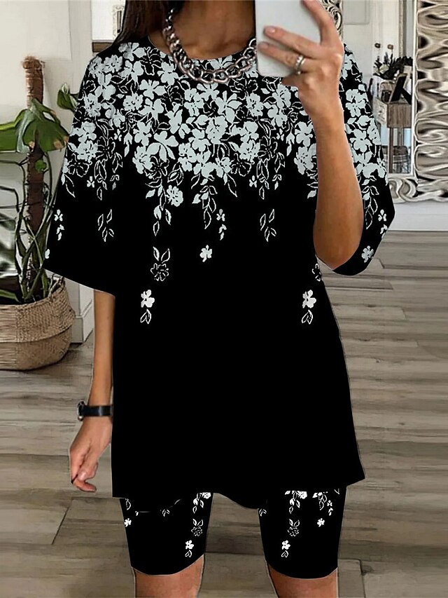 Womens Clothing Womens Sleep & Lounge | Womens Loungewear Sets Flower Fashion Comfort Home Daily Polyester Crew Neck Half Sleeve