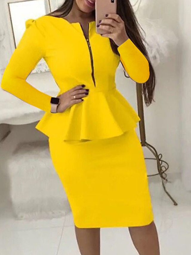 Womens Clothing Womens Dresses | Womens Bodycon Midi Dress Black Yellow Red Long Sleeve Pure Color Ruffle Zipper Spring Summer C