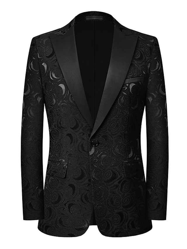  Men's Wedding Party Rose Floral Jacquard Blazer Jacket Tailored Fit Regular Fit Plants Printing Black White Red Dark Navy 2024