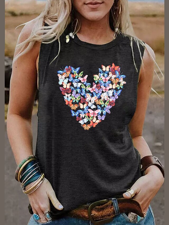 Womens Clothing Womens Tops | Womens Graphic Patterned Butterfly Heart Daily Holiday Going out Tank Top Sleeveless Print Round N