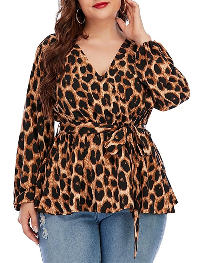 Womens Clothing Plus Size Collection | Womens Plus Size Tops Blouse Shirt Leopard Lace up Print Long Sleeve V Neck Sexy Streetwe