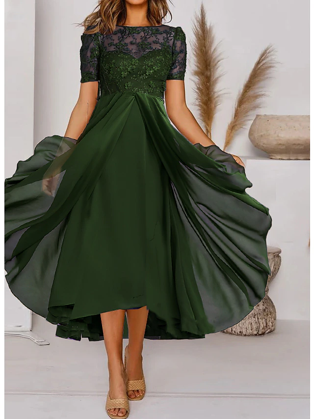 Women‘s Semi Formal Party Dress Lace Dress Midi Dress Black gray Green ...