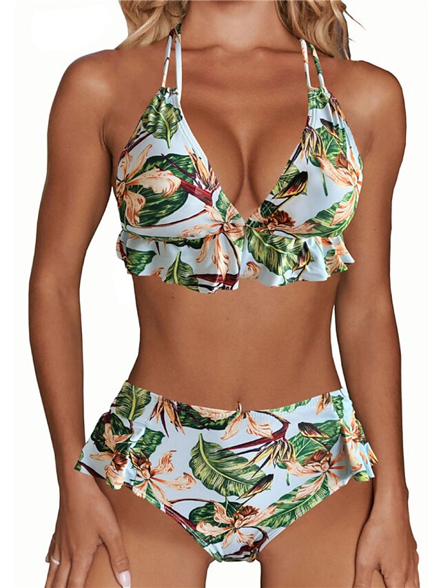 Womens Clothing Womens Swimwear | Womens Swimwear Bikini 2 Piece Normal Swimsuit Tummy Control Open Back Printing Floral Leaves 