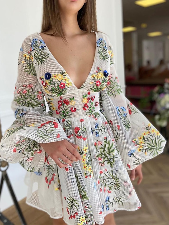 Womens Clothing Womens Dresses | Womens A Line Dress Short Mini Dress White Long Sleeve Floral Backless Embroidered Mesh Spring 