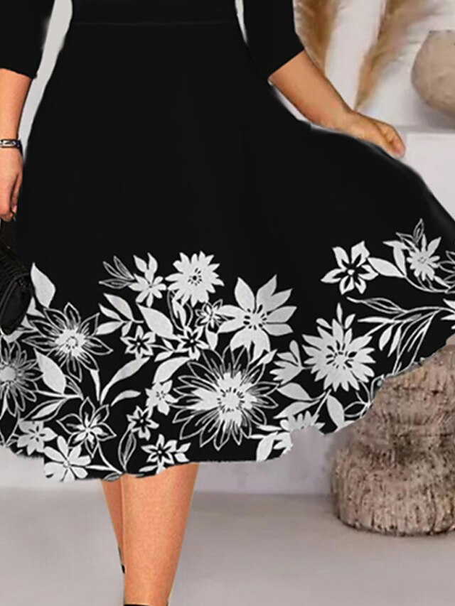 Womens Clothing Plus Size Collection | Womens Plus Size A Line Dress Floral Round Neck Print 3/4 Length Sleeve Spring Summer Wor