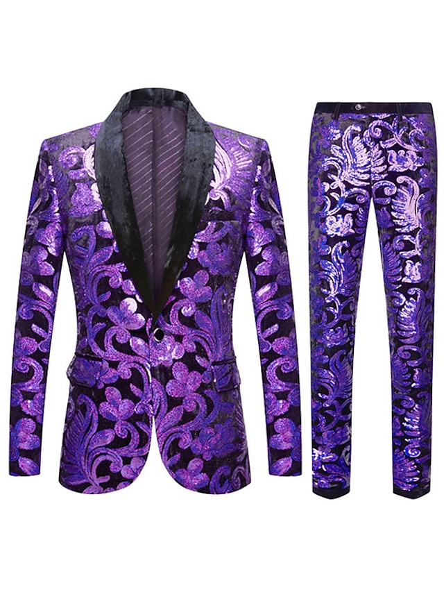  Фиолетовые мужские вечерние смокинги для выпускного вечера, дискотеки с блестящими пайетками, 2 предмета, однобортный однобортный костюм с воротником-шалькой с цветочным принтом, 2024