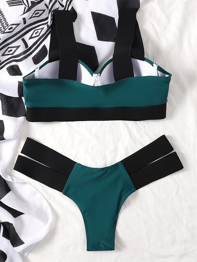 Womens Clothing Womens Swimwear | Womens Swimwear Bikini 2 Piece Normal Swimsuit Backless Hole Color Block Green Black Yellow Fu