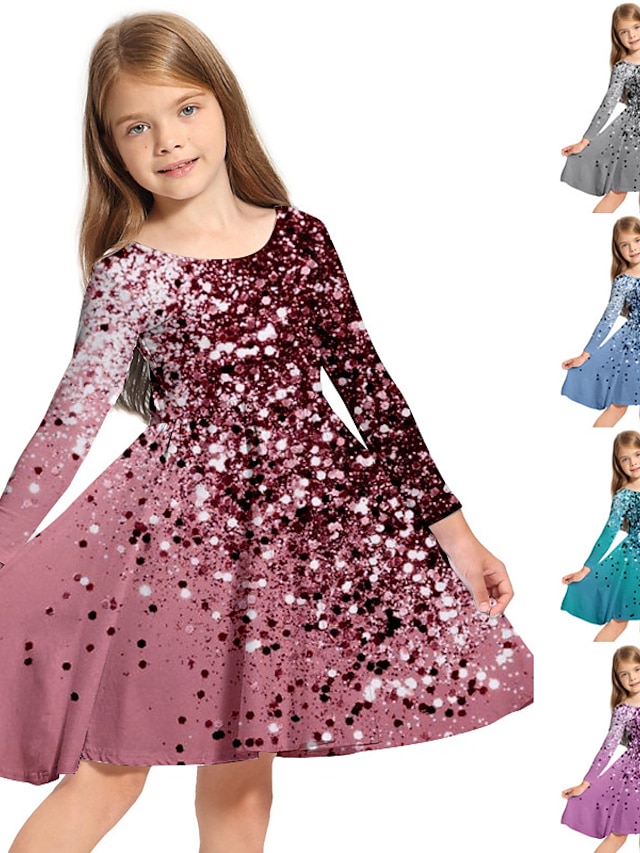  lasten tyttöjen kaltevuus paljetteja mekko päivittäin loma loma print polven yläpuolella pitkähihainen rento söpöt mekot syksy kevät normaali istuvuus 3-10 vuotta