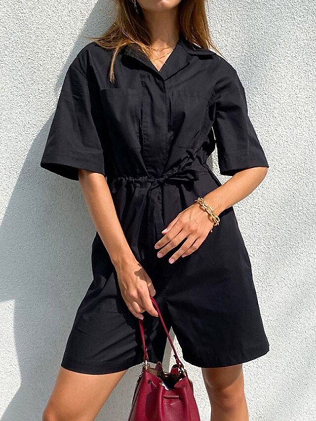 Womens Clothing Womens Jumpsuits & Rompers | Womens Romper Lace up Pocket Solid Color Shirt Collar Casual Street Daily Regular F