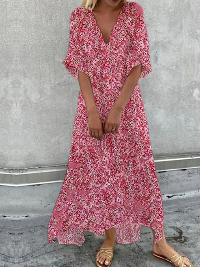 Womens Clothing Womens Dresses | Womens A Line Dress Maxi long Dress Pink Short Sleeve Floral Print Ruched Print Spring Summer V