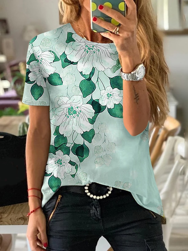 Womens Clothing Womens Tops | Womens Floral Casual Holiday Weekend Floral Painting T shirt Tee Short Sleeve Print Round Neck Bas