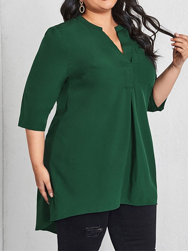 Womens Clothing Plus Size Collection | Womens Plus Size Tops Blouse Shirt Plain Ruched 3/4 Length Sleeve V Neck Streetwear Prepp