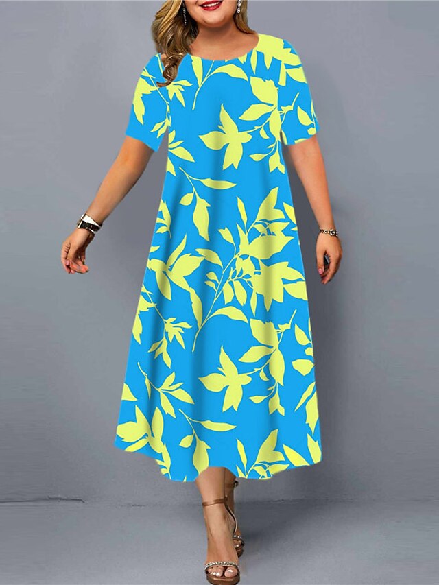 Womens Clothing Plus Size Collection | Womens Plus Size Shift Dress Leaf Round Neck Short Sleeve Spring Summer Casual Maxi long 