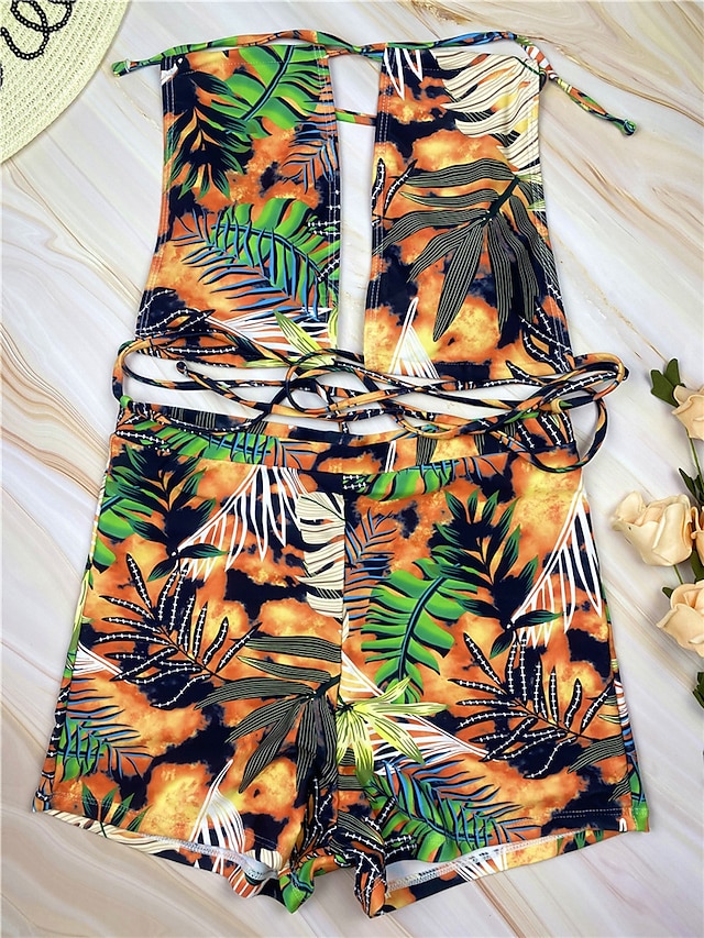 Womens Clothing Womens Swimwear | Womens Swimwear Bikini 2 Piece Normal Swimsuit Open Back Cut Out Printing Trees / Leaves Green