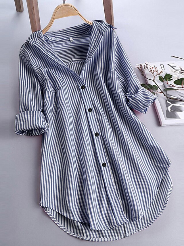 Womens Clothing Plus Size Collection | Womens Plus Size Tops Blouse Shirt Striped Asymmetric Long Sleeve Shirt Collar Streetwear