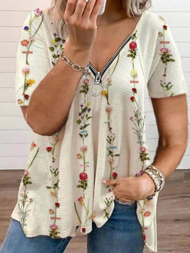 Womens Clothing Plus Size Collection | Womens Plus Size Tops Blouse T shirt Tee Floral Zipper Print Short Sleeve V Neck Streetwe